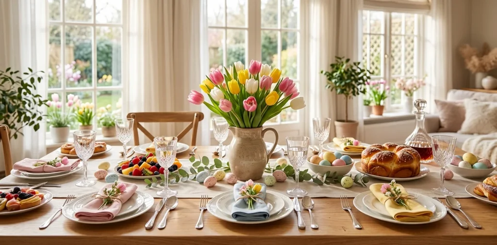 Bright and beautiful Easter brunch tablescape featuring pastel linens and fresh tulips on a wooden table.