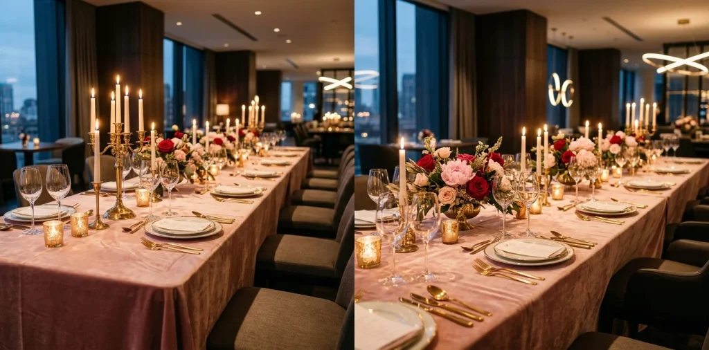 Luxurious Valentine's Day dining table featuring blush pink linens, gold cutlery, and warm romantic candlelight.