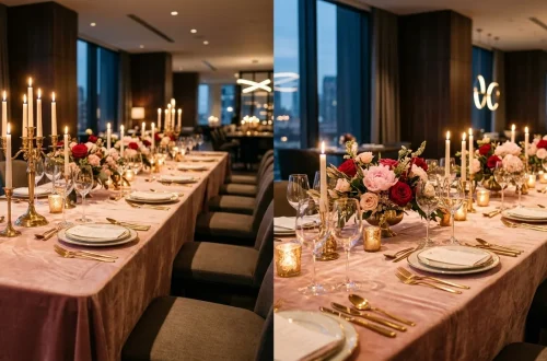Luxurious Valentine's Day dining table featuring blush pink linens, gold cutlery, and warm romantic candlelight.