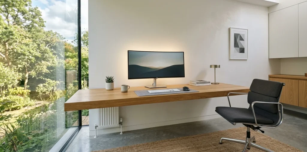 Minimalist home office setup featuring hidden technology and zero visible cables.