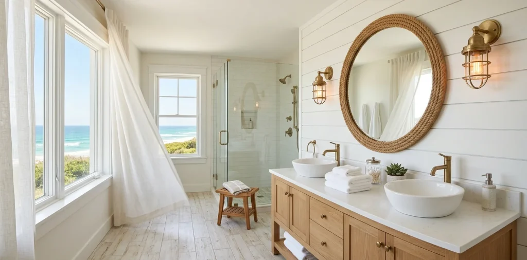 Wide view of a coastal bathroom with nautical vanity sconces and white shiplap walls