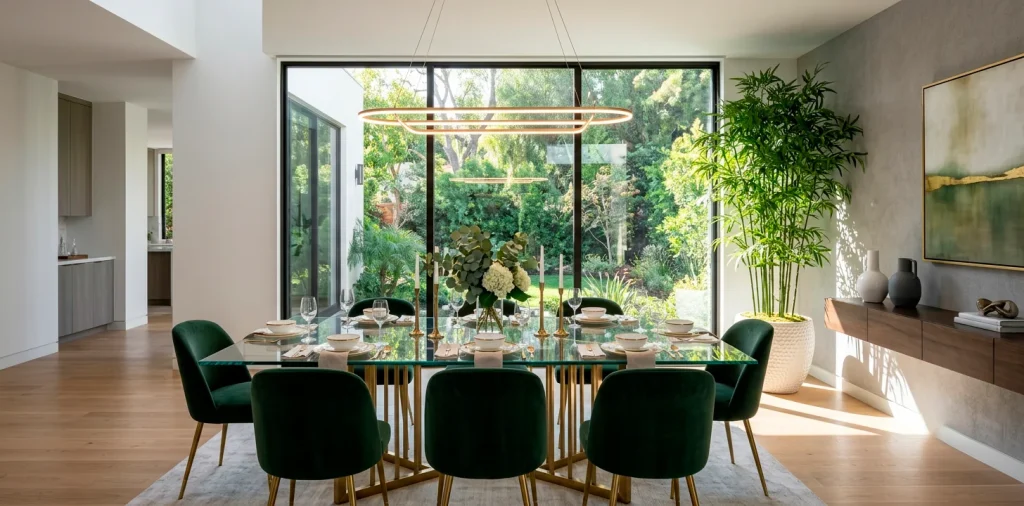 Modern dining room featuring a sleek polished glass table with gold metallic accents and lush indoor plants.
