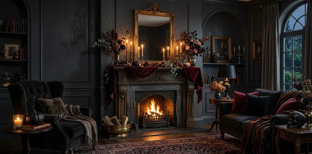 Luxurious moody Halloween living room with dark charcoal walls, a vintage mantel with burgundy velvet, antique brass candlesticks, and dried dark botanicals.