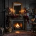 Luxurious moody Halloween living room with dark charcoal walls, a vintage mantel with burgundy velvet, antique brass candlesticks, and dried dark botanicals.