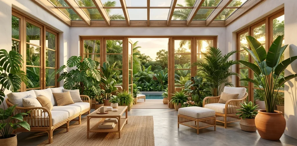 Lush indoor tropical oasis with natural rattan furniture and vibrant green monstera plants.