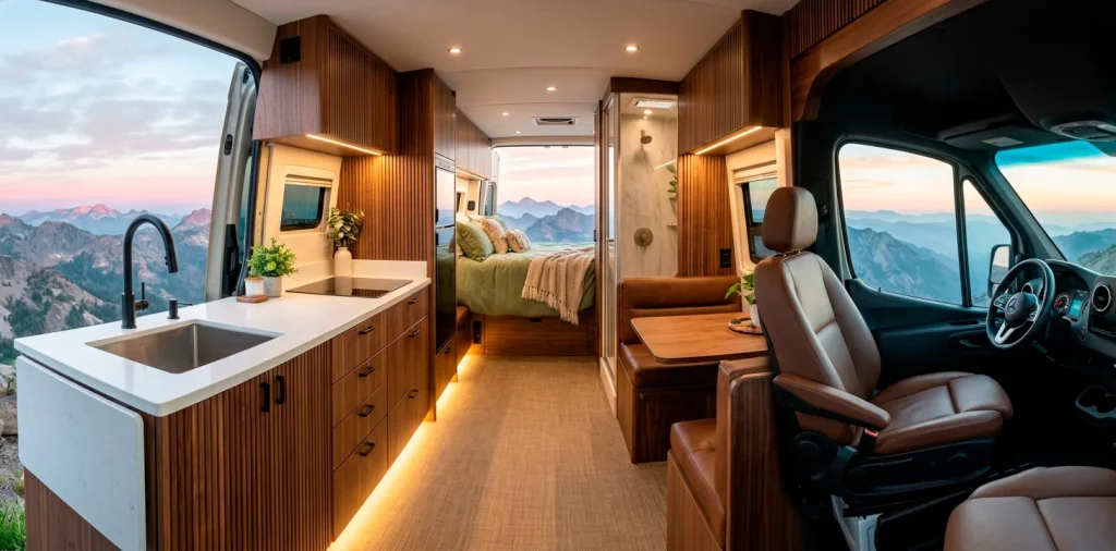 Luxurious van interior with walnut cabinets and white countertops looking out at misty mountains