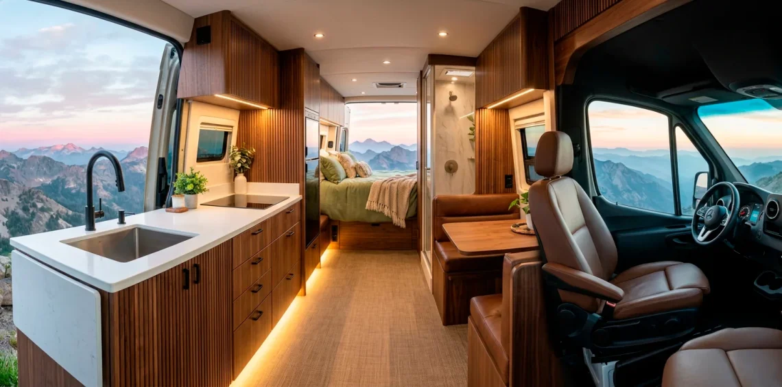 Luxurious van interior with walnut cabinets and white countertops looking out at misty mountains