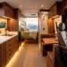 Luxurious van interior with walnut cabinets and white countertops looking out at misty mountains