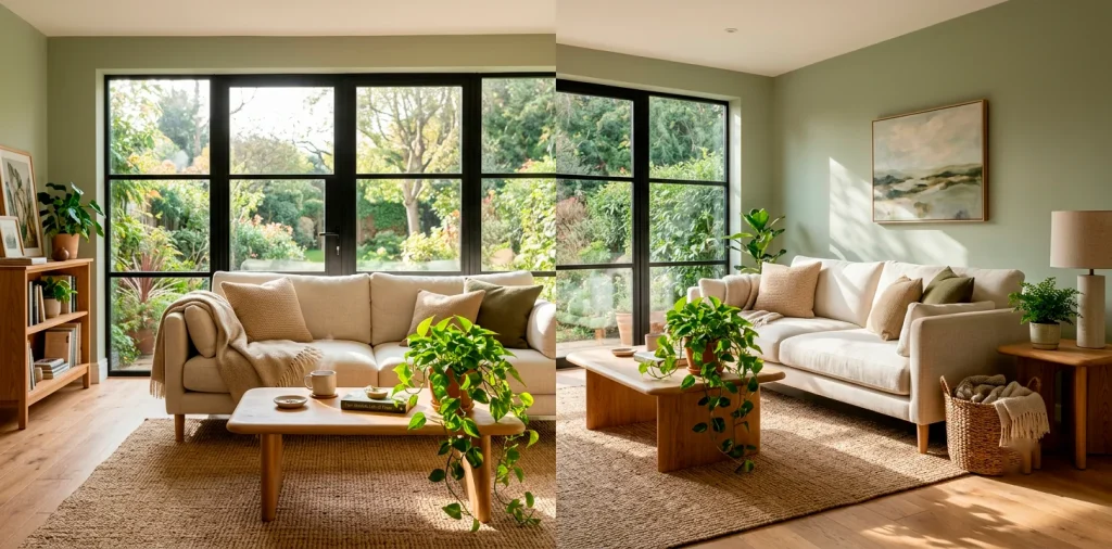 Sunlit living room featuring soft sage green walls, a cream linen sofa, and natural oak wood accents.