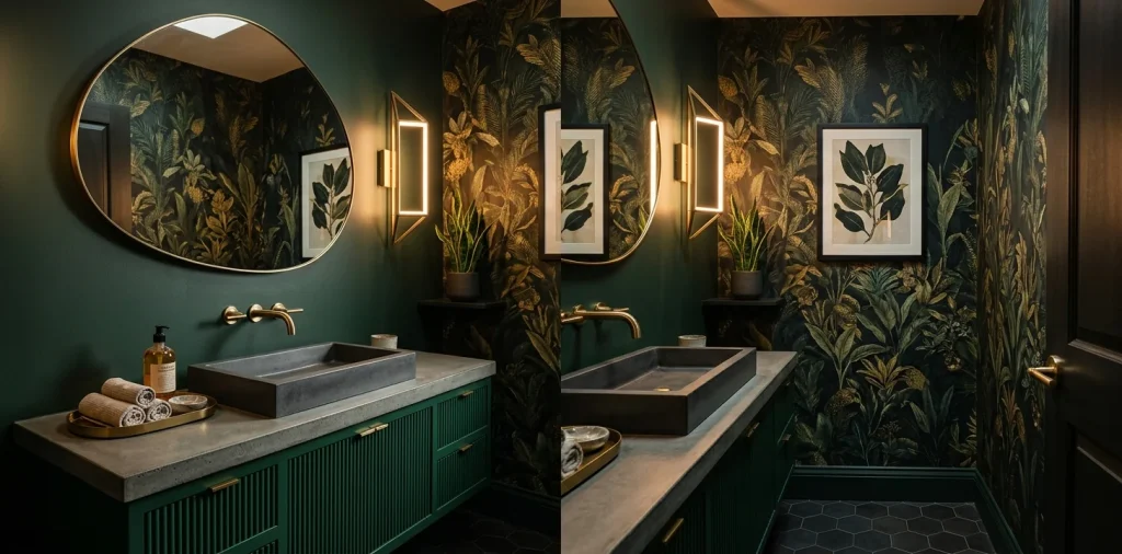 Luxurious modern powder room featuring dark botanical wallpaper, an emerald vanity, and warm brass fixtures.