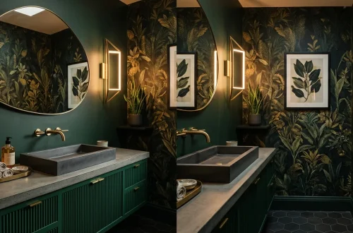 Luxurious modern powder room featuring dark botanical wallpaper, an emerald vanity, and warm brass fixtures.