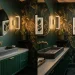 Luxurious modern powder room featuring dark botanical wallpaper, an emerald vanity, and warm brass fixtures.