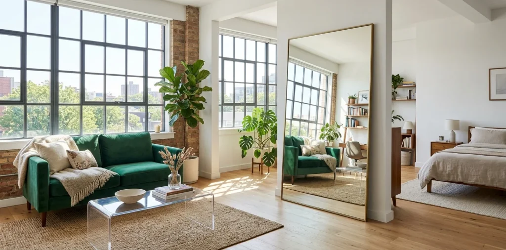 Bright and stylish studio apartment showcasing multi-functional furniture and large mirrors.