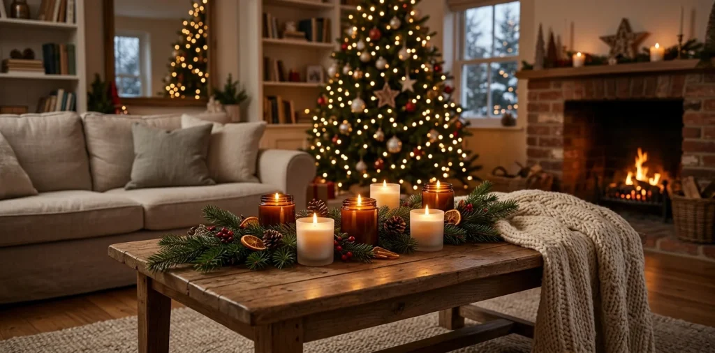 Cozy winter living room glowing with hand-poured soy wax holiday candles and pine garlands