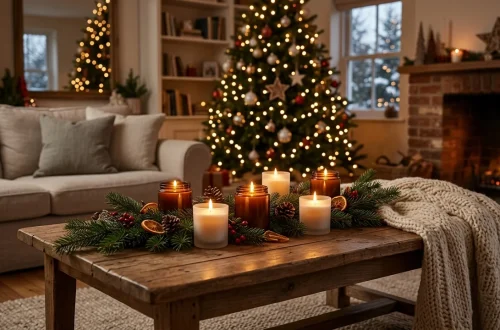 Cozy winter living room glowing with hand-poured soy wax holiday candles and pine garlands