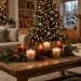 Cozy winter living room glowing with hand-poured soy wax holiday candles and pine garlands