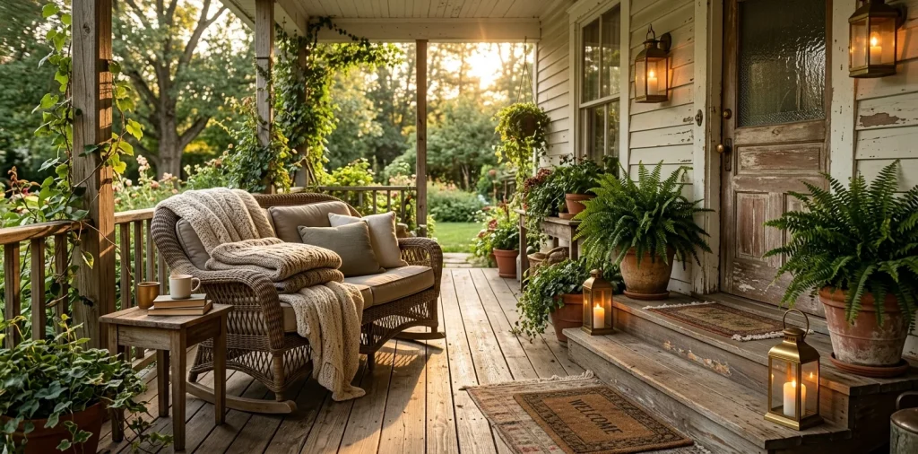 A cozy cottage front porch with a wicker glider, warm lanterns, and lush potted ferns at sunset.