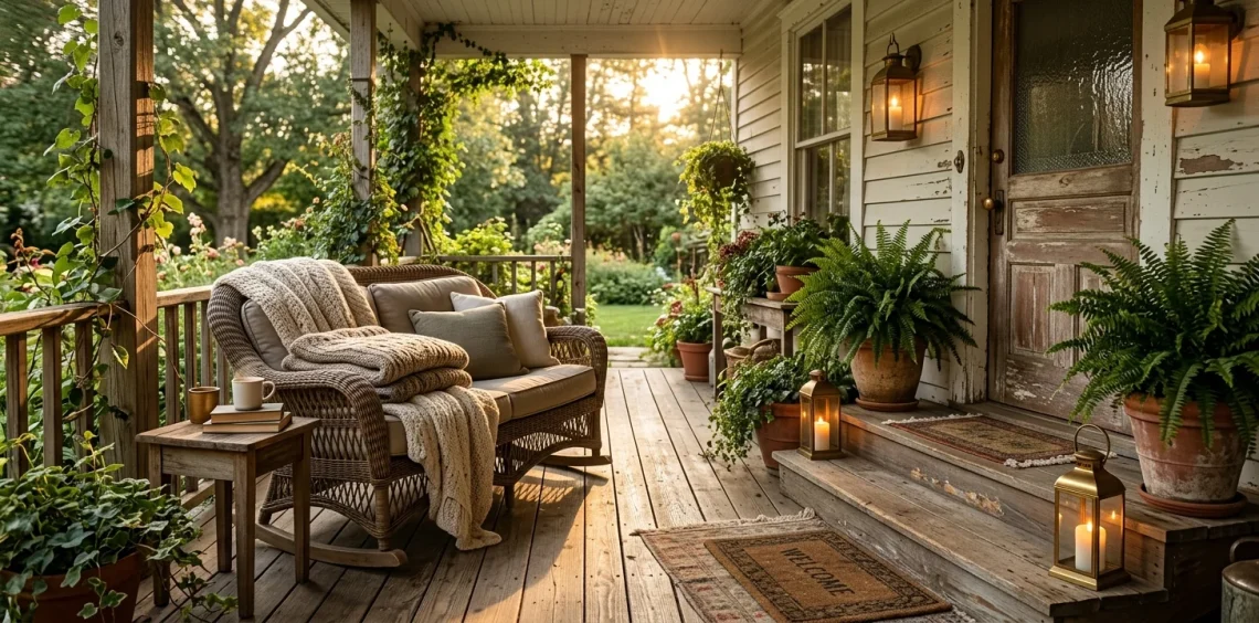 A cozy cottage front porch with a wicker glider, warm lanterns, and lush potted ferns at sunset.