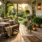 A cozy cottage front porch with a wicker glider, warm lanterns, and lush potted ferns at sunset.
