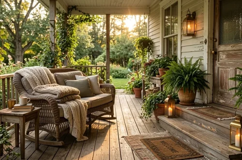 A cozy cottage front porch with a wicker glider, warm lanterns, and lush potted ferns at sunset.