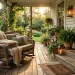 A cozy cottage front porch with a wicker glider, warm lanterns, and lush potted ferns at sunset.