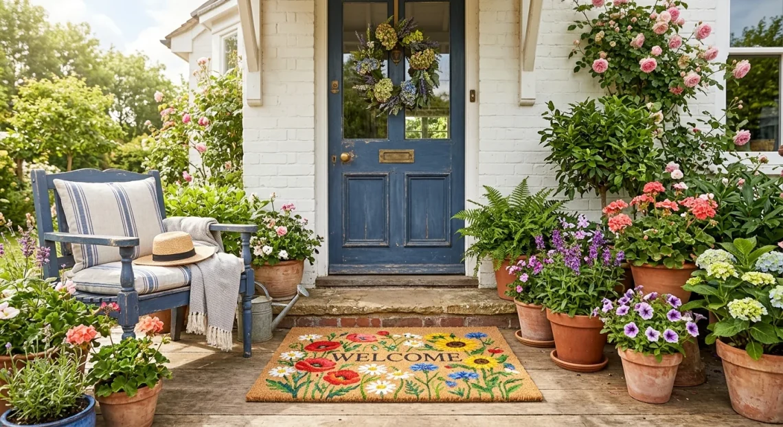 Brightly painted floral coir doormat on a sunny summer front porch with potted plants