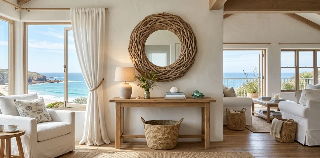 Large DIY driftwood mirror above an oak console table in a bright coastal living room