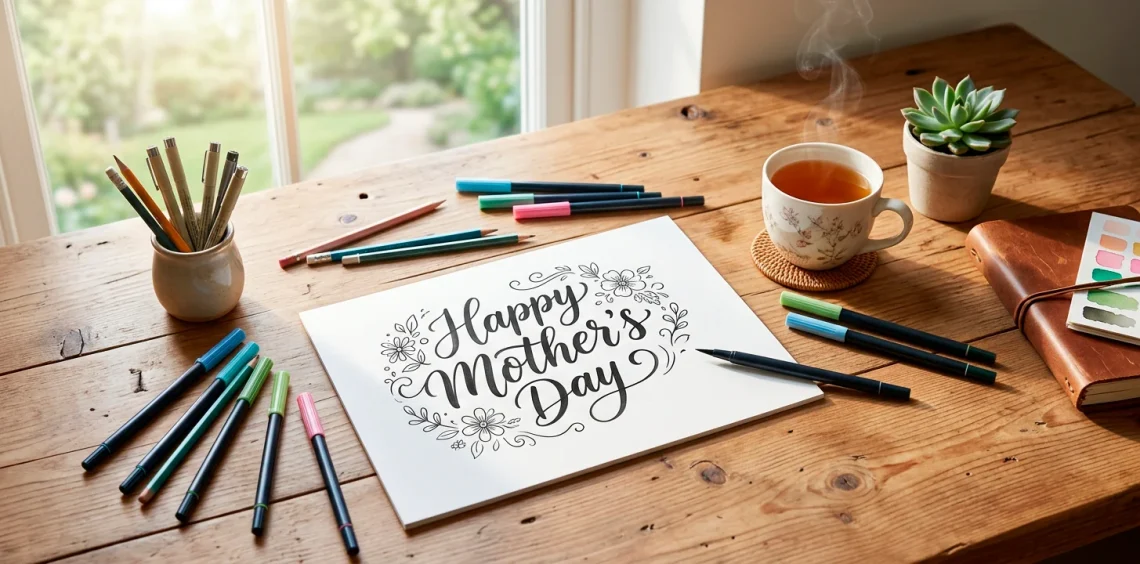 Aesthetic flat lay of a hand-lettered Mother's Day card in progress on a wooden desk with brush pens and tea