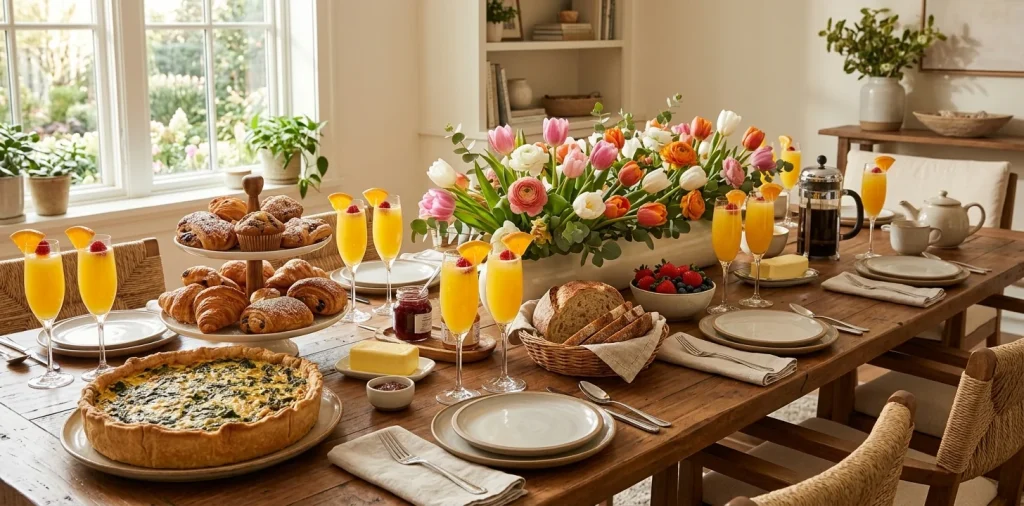 Elegant Mother's Day brunch table setting with quiche, mimosas, fresh pastries, and beautiful spring tulips in a sunlit room.