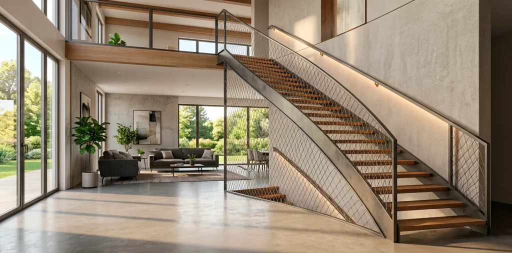 Modern interior with a geometric woven wire mild steel staircase railing.