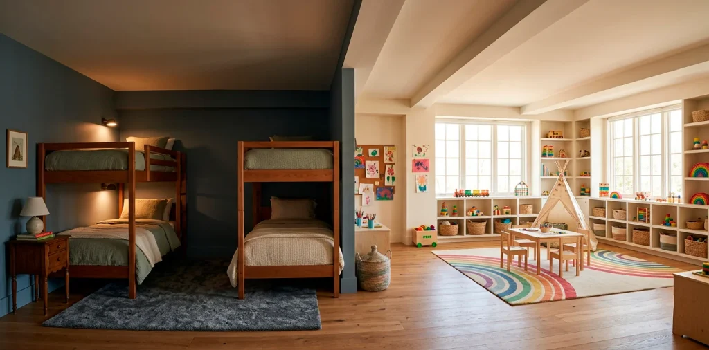 Beautifully zoned shared kids bedroom featuring distinct sleep and play areas with modern decor