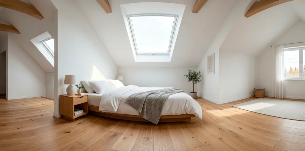 Bright white modern attic bedroom with skylights and low profile furniture