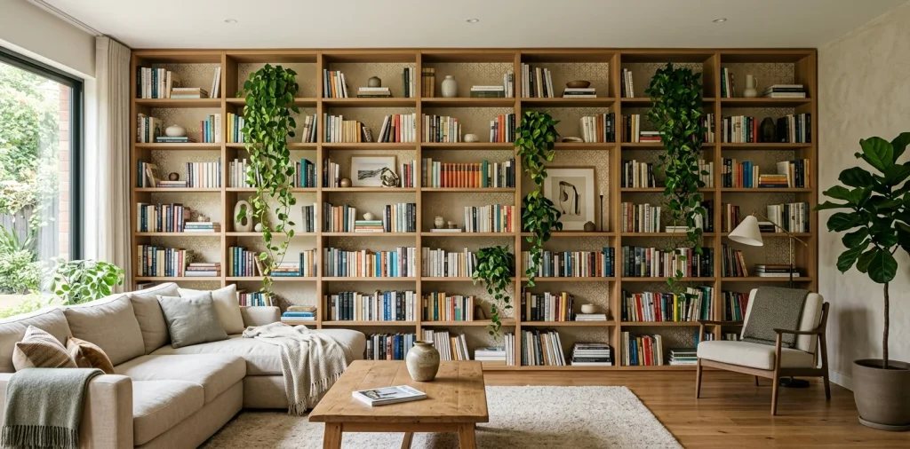 Beautiful built-in bookshelf featuring a geometric gold stencil design against a dark navy blue background.