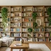 Beautiful built-in bookshelf featuring a geometric gold stencil design against a dark navy blue background.
