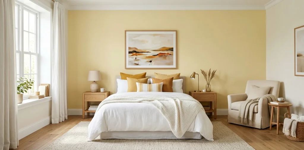 Beautiful guest bedroom with sunny yellow accent wall and crisp white bedding flooded with natural light.