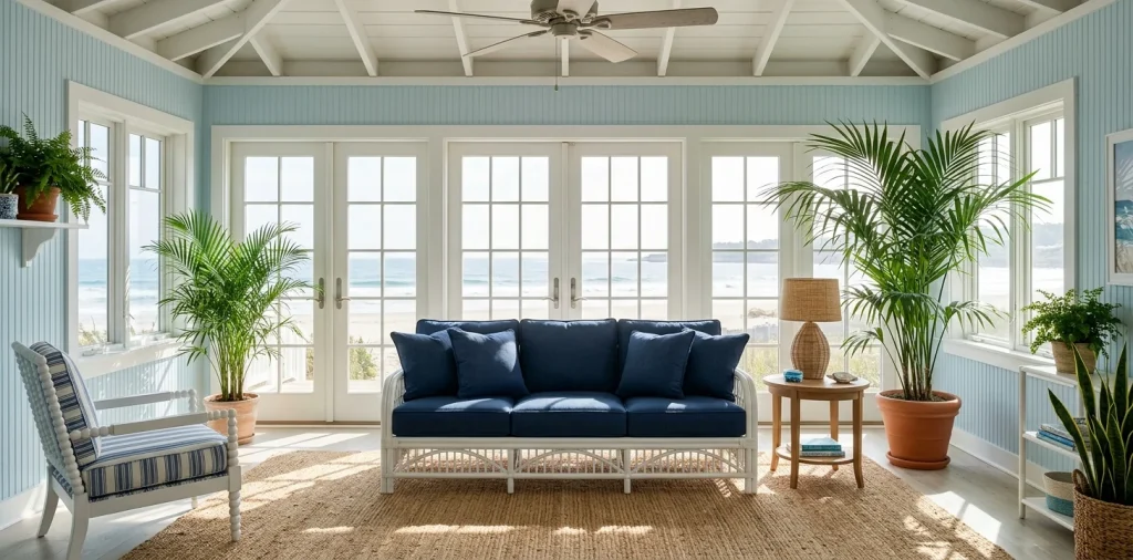 Bright coastal blue sunroom featuring wicker furniture and ocean-toned decor with natural light