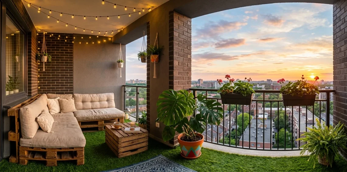 Beautifully decorated modern balcony featuring a wooden pallet sofa, string lights, and potted plants.