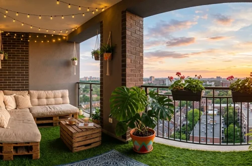 Beautifully decorated modern balcony featuring a wooden pallet sofa, string lights, and potted plants.