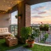 Beautifully decorated modern balcony featuring a wooden pallet sofa, string lights, and potted plants.