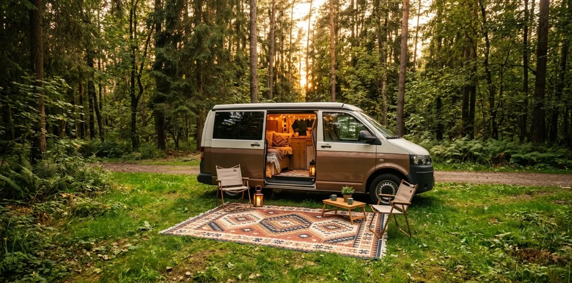 Boho camper van parked in a forest with a stylish geometric outdoor rug placed on the grass beside the open door.