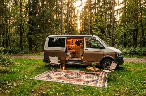 Boho camper van parked in a forest with a stylish geometric outdoor rug placed on the grass beside the open door.