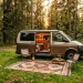 Boho camper van parked in a forest with a stylish geometric outdoor rug placed on the grass beside the open door.