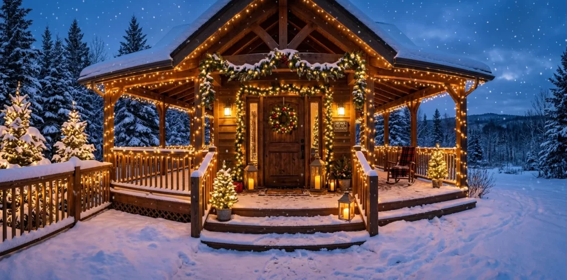 Glowing winter porch completely decorated with warm white fairy lights in the snow at twilight