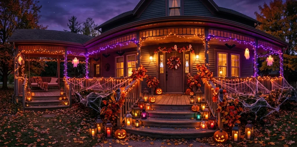 Spooky front porch decorated with glowing Halloween lanterns, fairy lights, and autumn foliage at dusk.