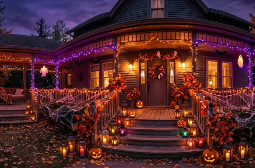 Spooky front porch decorated with glowing Halloween lanterns, fairy lights, and autumn foliage at dusk.