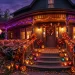 Spooky front porch decorated with glowing Halloween lanterns, fairy lights, and autumn foliage at dusk.