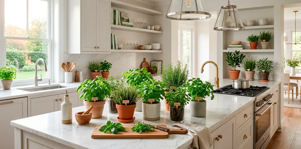 Beautiful kitchen counter filled with lush indoor herb garden kits in the morning sunlight