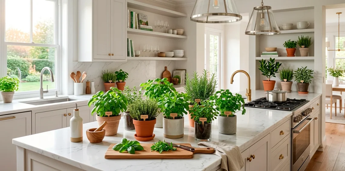 Beautiful kitchen counter filled with lush indoor herb garden kits in the morning sunlight