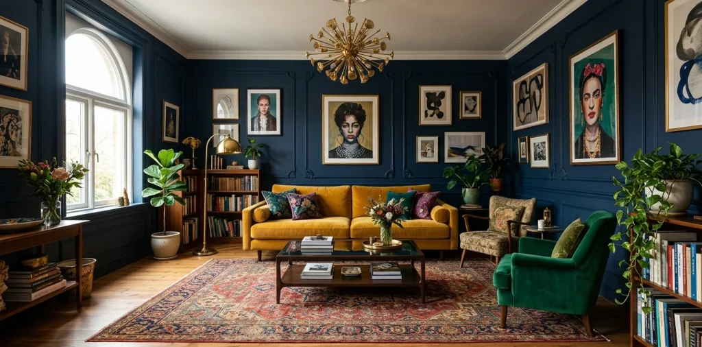 Wide view of an eclectic living room with a mustard velvet sofa against dark navy blue walls.