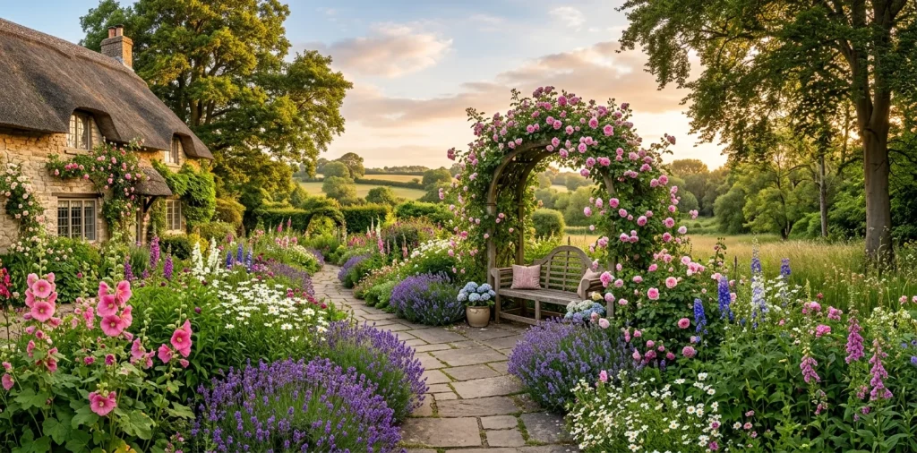 Panoramic view of a lush English cottage backyard with a stone path and blooming wildflowers.